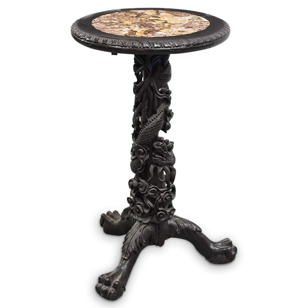 Antique Chinese Marble & Carved Wood Dragon Pedestal Table (1 of 5)