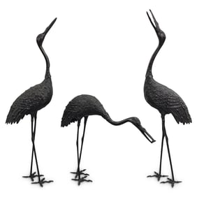 (3 Pc) Japanese Bronze Crane Sculptures