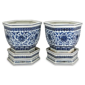 Pair of Antique Chinese Blue & White Planters & Under plates, Marked