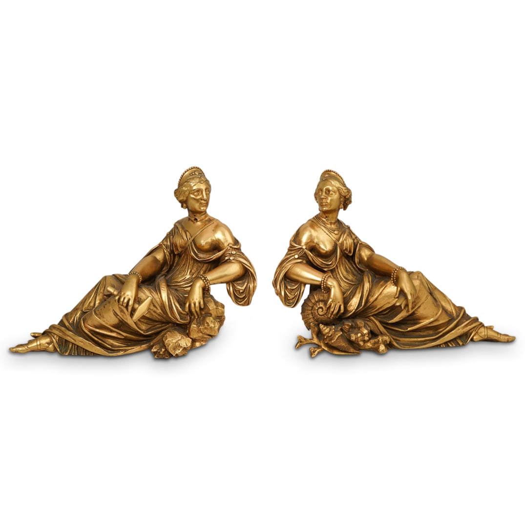 Charles Stanislas Matifat Figural Gilt Bronze Andirons: Charles Stanislas Matifat Figural Gilt Bronze Andirons19th Cent, FranceA pair of Charles Stanislas Matifat figural gilt bronze andirons. Features two gilt bronze classical maidens reclaimed with intri