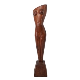 Signed Abstract Carved Wood Female Torso Sculpture