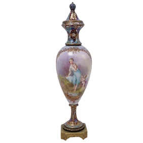 Antique French Porcelain and Bronze Champleve Urn