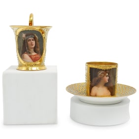 (3 pcs) Royal Vienna Gilt Porcelain Portrait Cups & Saucer