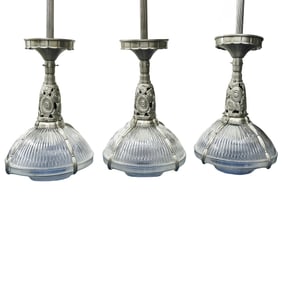 (3 pcs) Art Deco Holophane Silvered Floral Pendant Lights