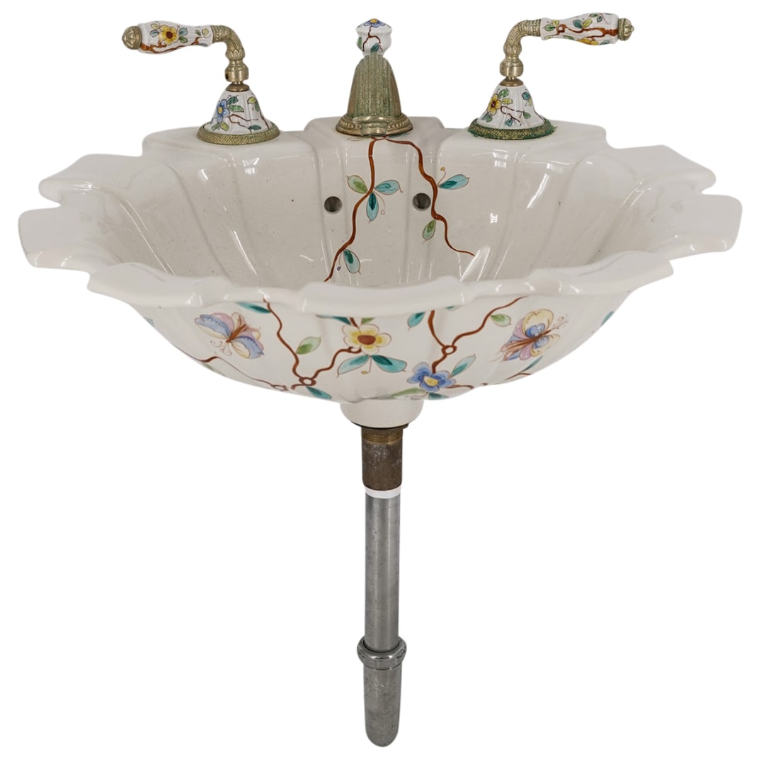 Sherle Wagner Chinoiserie Painted Sink Bowl: Sherle Wagner Chinoiserie Painted Sink Bowl20th cent. ItalySherle Wagner Chinoiserie enamel painted sink Bowl with cobalt blue design, scalloped rim and gilt accenting. Marked: "Sherle Wagner Italy"H: