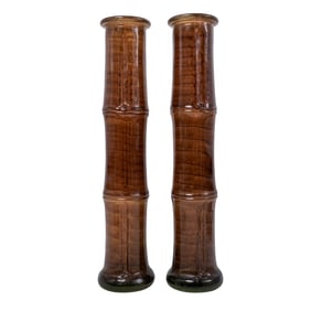 Pair Tall Hand Blown Bamboo Form Art Glass Vases
