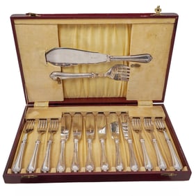 (14pc) Vintage Silver Plated Fish Cutlery Set In Fitted Case
