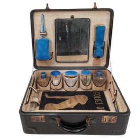 Vintage Gentleman's Guilloche Enamel & Leather Traveling Grooming Kit