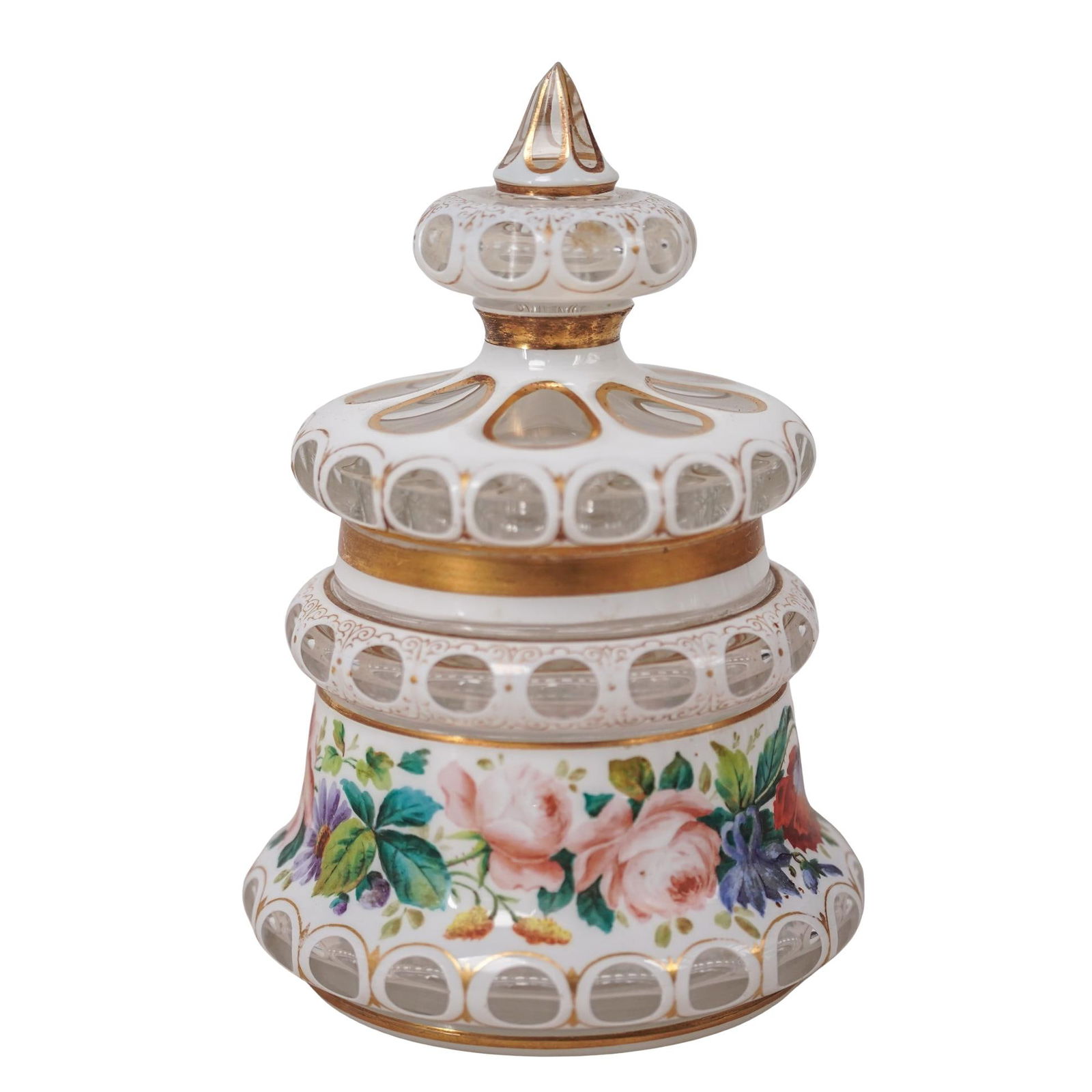 Bohemian Floral Cut Glass Vanity Jar: Bohemian Floral Cut Glass Vanity JarLate 19th-Early 20th c., CzechAntique white cut to clear glass lidded vanity jar featuring painted flowers with gilded accents.H: 6" Dia: 4.25"