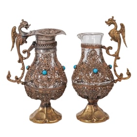 Pair 19th Cent. Gilded Bronze & Glass Dragon Ewers