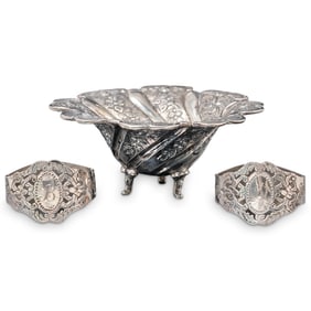 (3 Pc) Victorian 900 Silver Bowl & Napkin Rings