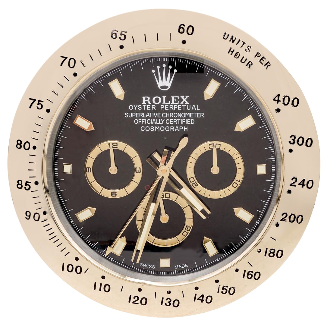 Large Rolex Daytona Oyster Perpetual Dealer Wall Clock: Large Rolex Daytona Oyster Perpetual Dealer Wall ClockLate 20th Century, SwissLarge Rolex Daytona dealer wall clock, featuring a black dial with luminous hour markers and hands, tachymeter bezel, and