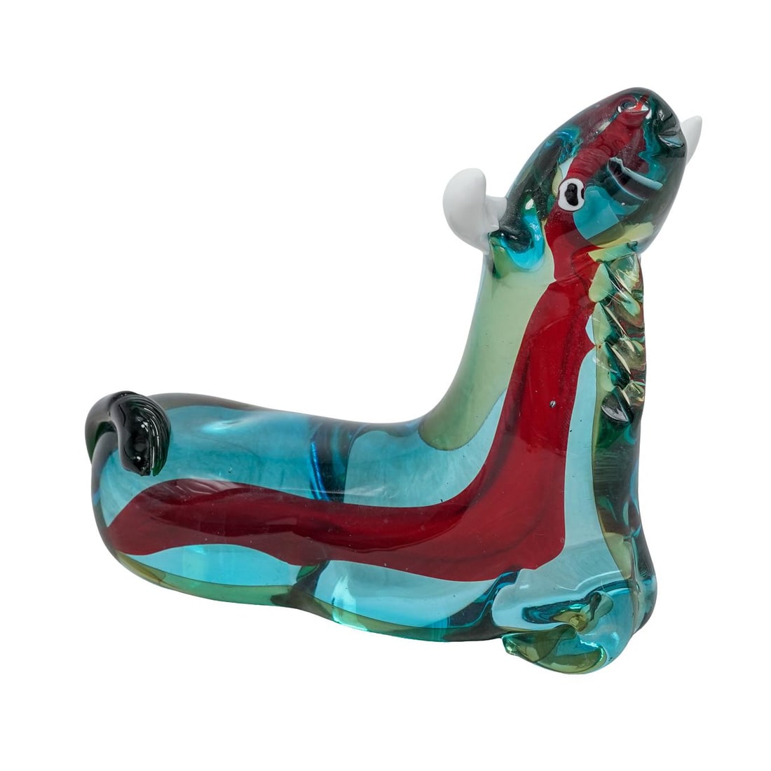 Mid Cent. Alfred Taube (German) Glass Bull Sculpture: Mid Cent. Alfred Taube (German) Glass Bull SculptureMid 20th century, GermanyA glass bull sculpture in blue, red, and green glass with white horns and eye detail. Marked with an original tag reading "