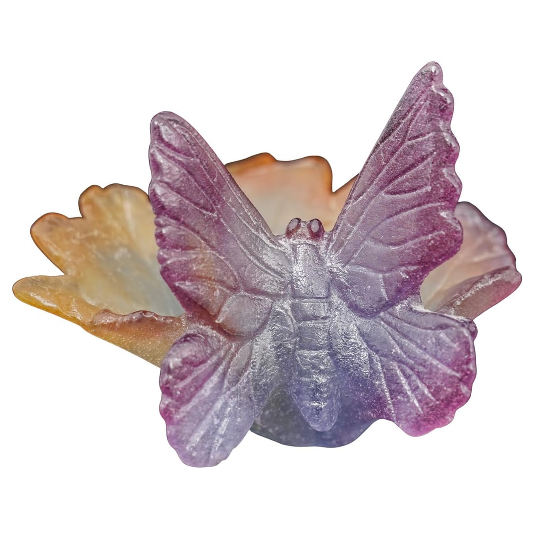 Daum Pate De Verre Glass Leaf Sculpture: Daum Pate De Verre Glass Leaf SculptureLate 20th to early 21st Cent., FranceDelicate pate de verre glass piece by Daum's, France, featuring a butterfly emerging from a leaf-form base. The piece displa