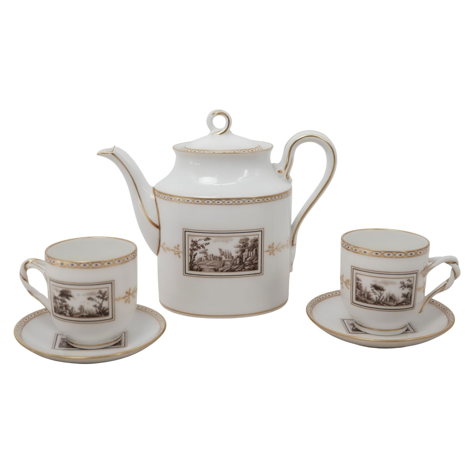 (5pc) Richard Ginori "Doccia" Landscape Porcelain Tea Set: (5pc) Richard Ginori "Doccia" Landscape Porcelain Tea SetMid 20th Cent., ItalyElegant Richard Ginori porcelain tea set from the historic Manifattura di Doccia, Italy. Each piece is decorated with neoc