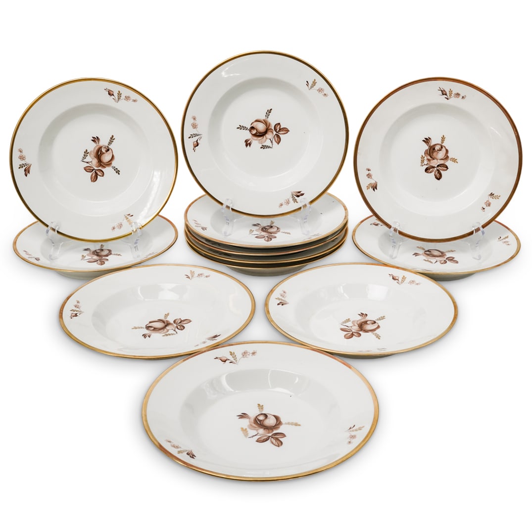 (12pc) Royal Copenhagen Gilt-Trimmed Floral Porcelain Dish Group: (12pc) Royal Copenhagen Gilt-Trimmed Floral Porcelain Dish GroupMid 20th Cent., DenmarkBeautiful set of twelve Royal Copenhagen porcelain soup bowls, decorated with a central sepia-tone rose and small