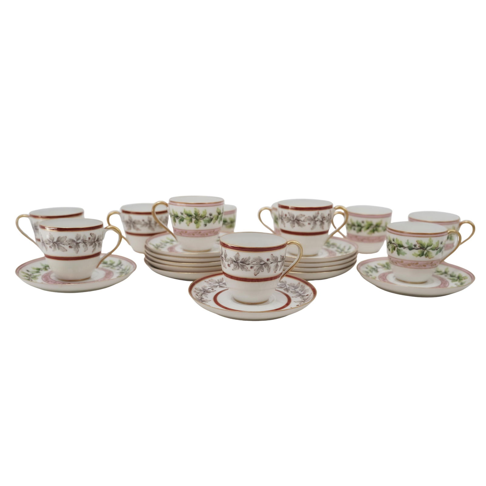 (23pc) Antique French Hand-Painted Porcelain Demitasse Group: (23pc) Antique French Hand-Painted Porcelain Demitasse GroupMid 20th Cent., FranceBeautiful group French hand-painted porcelain demitasse cups and saucers, each decorated with gilt accents and finely