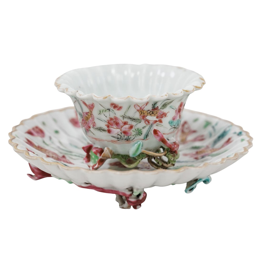 Chinese Qing Dynasty Famille Rose Lotus-form Bowl And Matching Saucer