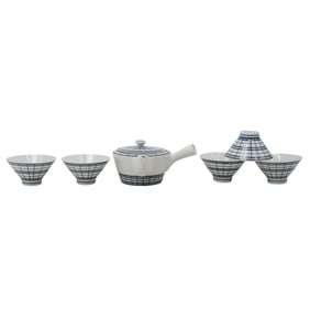 (6pc) Japanese Glazed Porcelain Kyusu Teapot And Cup Set