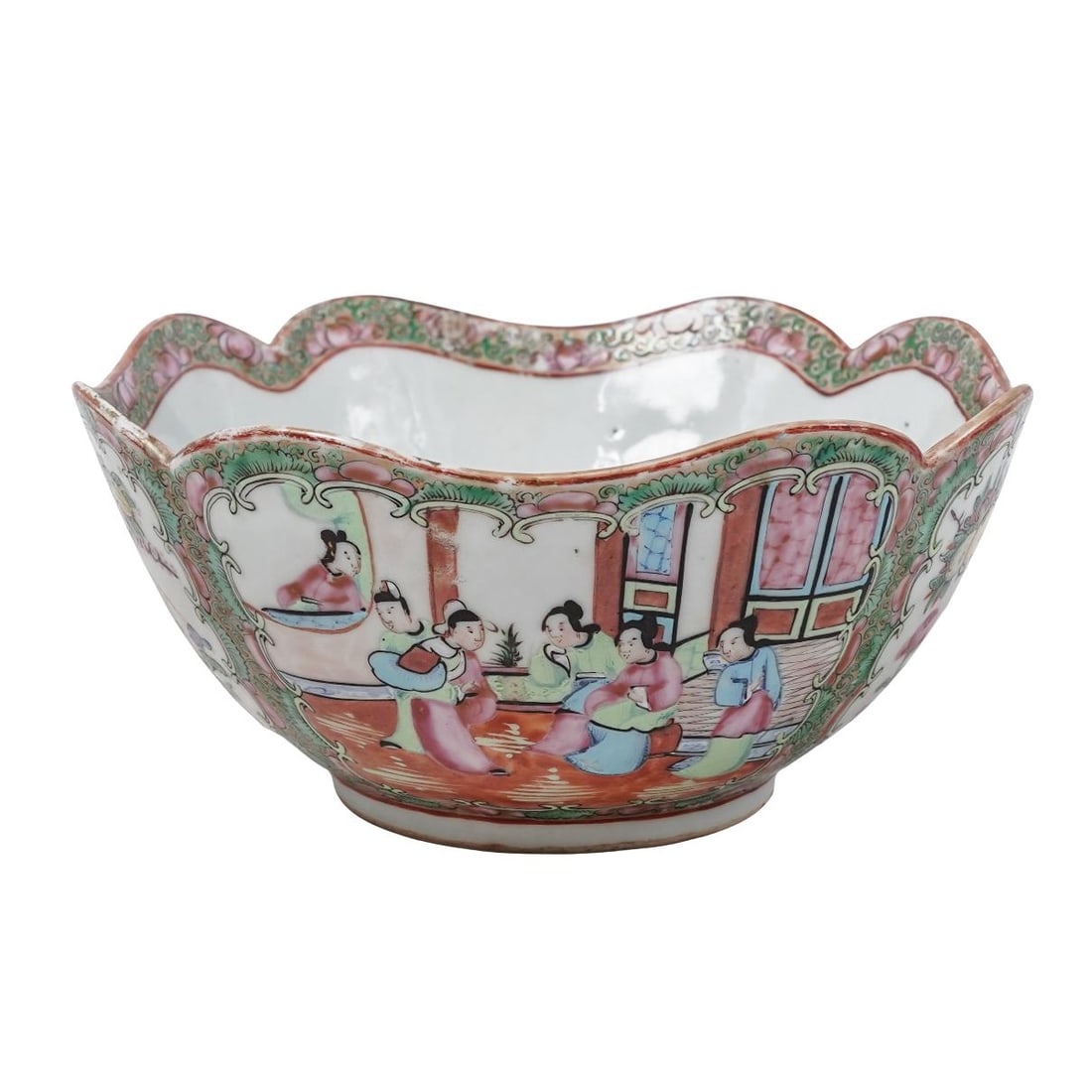 Chinese Qing Dynasty Famille Rose Porcelain Bowl: Chinese Qing Dynasty Famille Rose Porcelain Bowlc. 1890, ChinaAntique Chinese Rose Medallion porcelain bowl with a gilded, scalloped rim. It is decorated with detailed hand-painted panels depicting hu