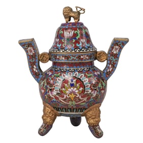 Chinese Cloisonne Floral Foo Dog Urn