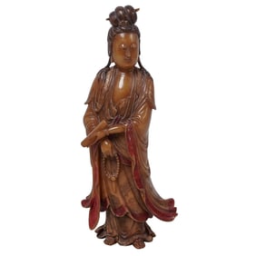 Antique Chinese Carved Soapstone Tianhuang Shoushan Guanyin Figurine