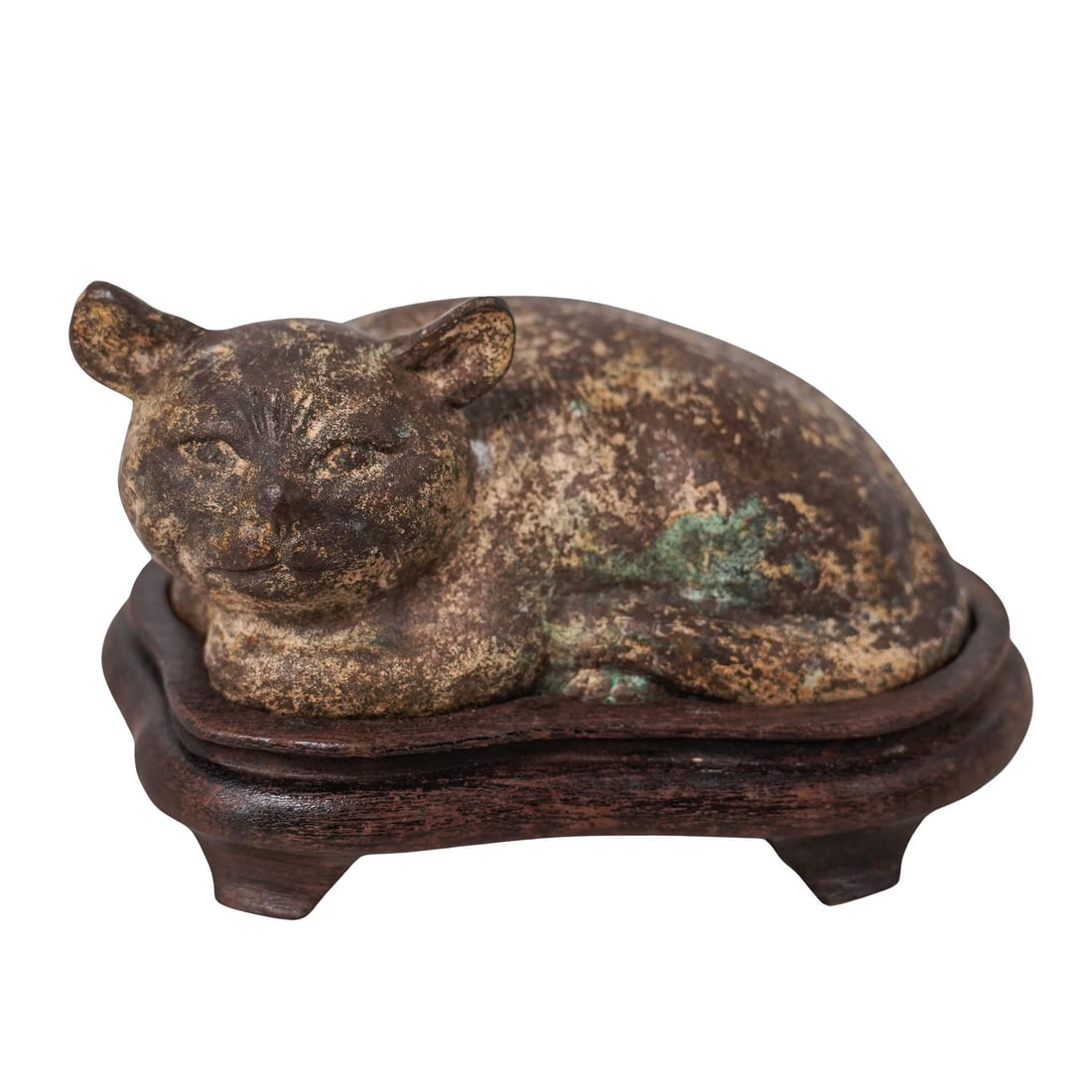 Chinese Bronze Recumbent Cat Sculpture & Wood Base (1 of 3)