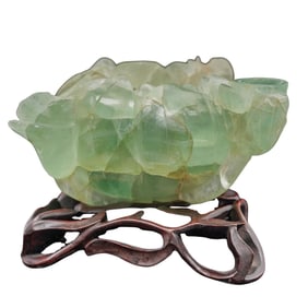 Chinese Carved Quartz Lotus Bowl On Wooden Stand