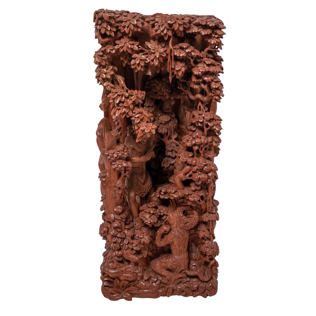 Thai Ramayana Heavily Carved Wood Block Sculpture: Thai Ramayana Heavily Carved Wood Block SculptureEarly 20th century, Southeast AsiaA Thai/Southeast Asian detailed wood relief carving depicting scenes from The Ramakien/Ramayana.H 13 1/8" W 5 5/8"