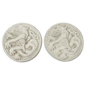 Pair of Dragon Medallion Stone Garden Ornaments