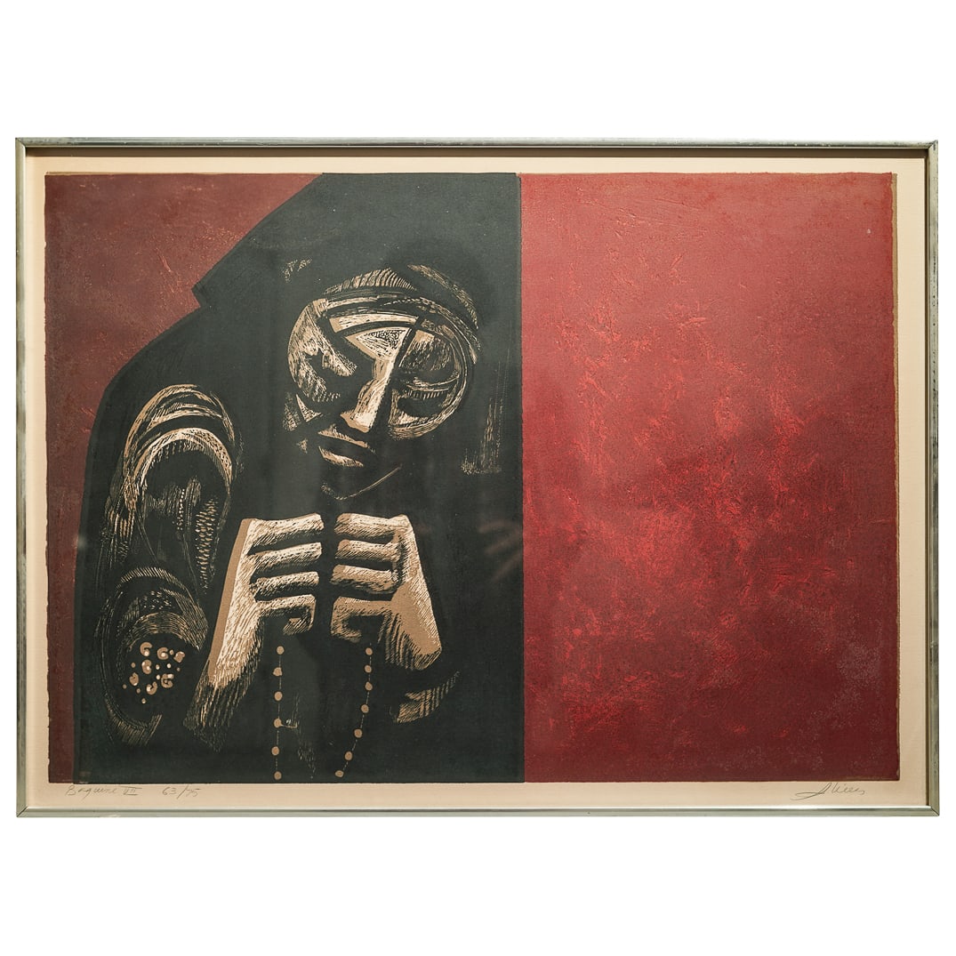 Jose Alicea (Puerto Rican, b. 1928) "Bagwine VII" Color Woodcut on Paper: Jose Alicea (Puerto Rican, b. 1928) "Bagwine VII" Color Woodcut on Paper20th century, Puerto RicoA color woodcut on paper of a woman holding a rosary by Jose Alicea (Puerto Rican, born 1928) titled "B