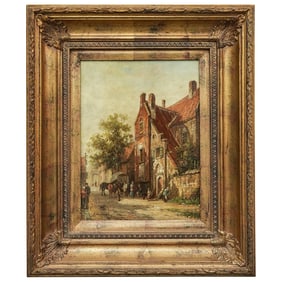 Antique Signed Dutch Village Scene Oil on Canvas Painting