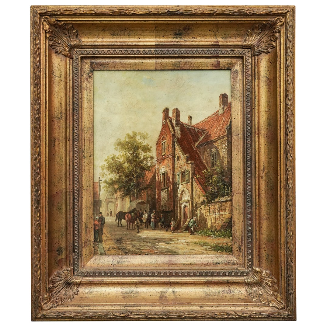 Antique Signed Dutch Village Scene Oil on Canvas Painting (1 of 4)