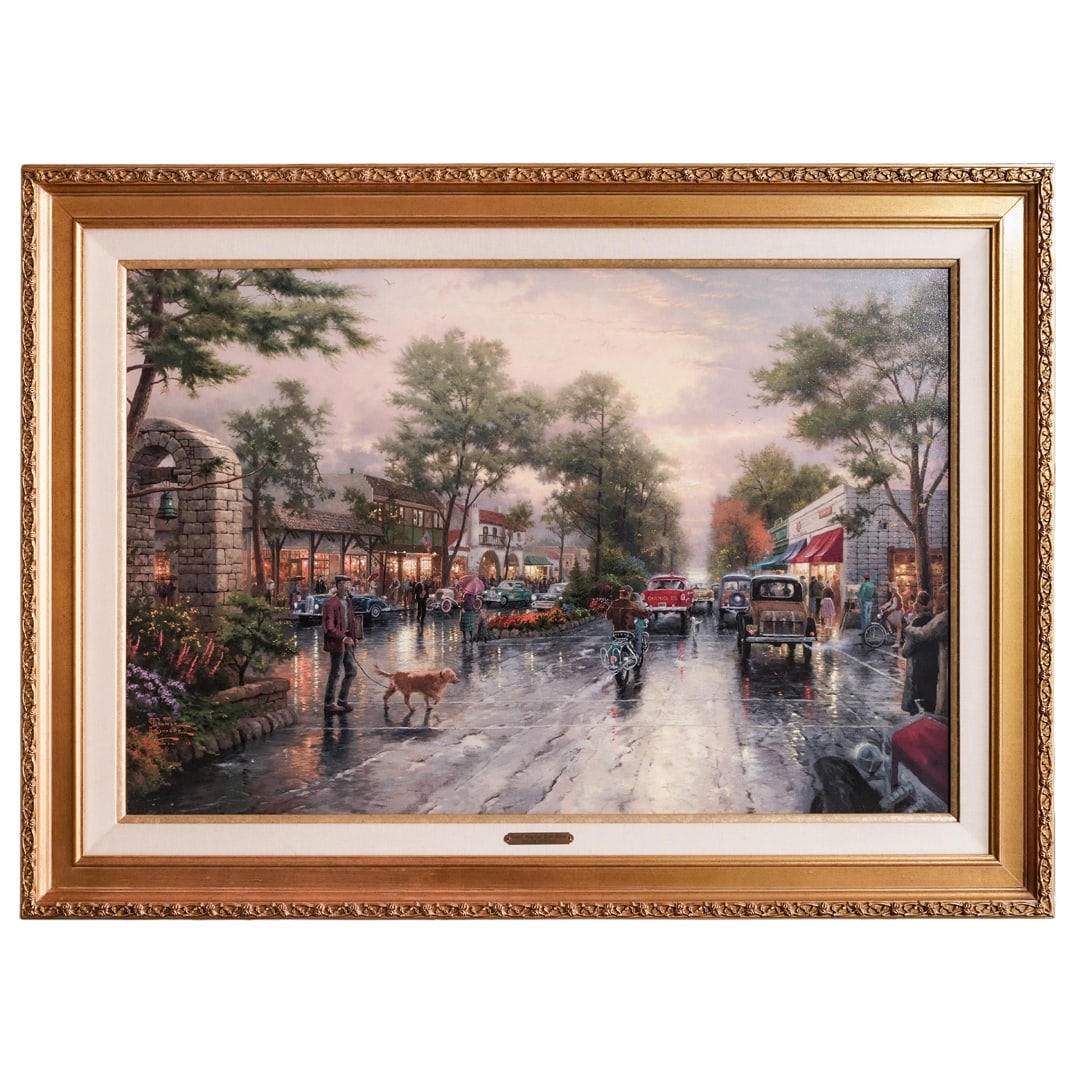 Thomas Kinkade "Carmel, Sunset on Ocean Avenue" LE Lithograph on Canvas: Thomas Kinkade "Carmel, Sunset on Ocean Avenue" LE Lithograph on Canvas1999, USALimited edition "Charter" phase examination proof offset lithograph on canvas by Thomas Kinkade (American, 1958-2012). I