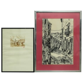 (2 pc) Signed Cityscape Illustrations