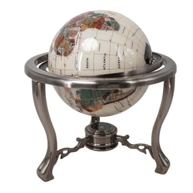 Unique Art Gemstone World Globe With Silvered Stand