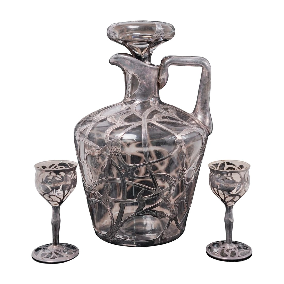 (3pc) Art Nouveau Silver Overlay Glass Decanter With Two Cordials Glasses (1 of 9)