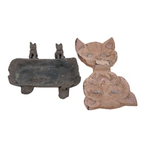 (2pc) Antique Cast-Iron Cat Figural Ashtray Group