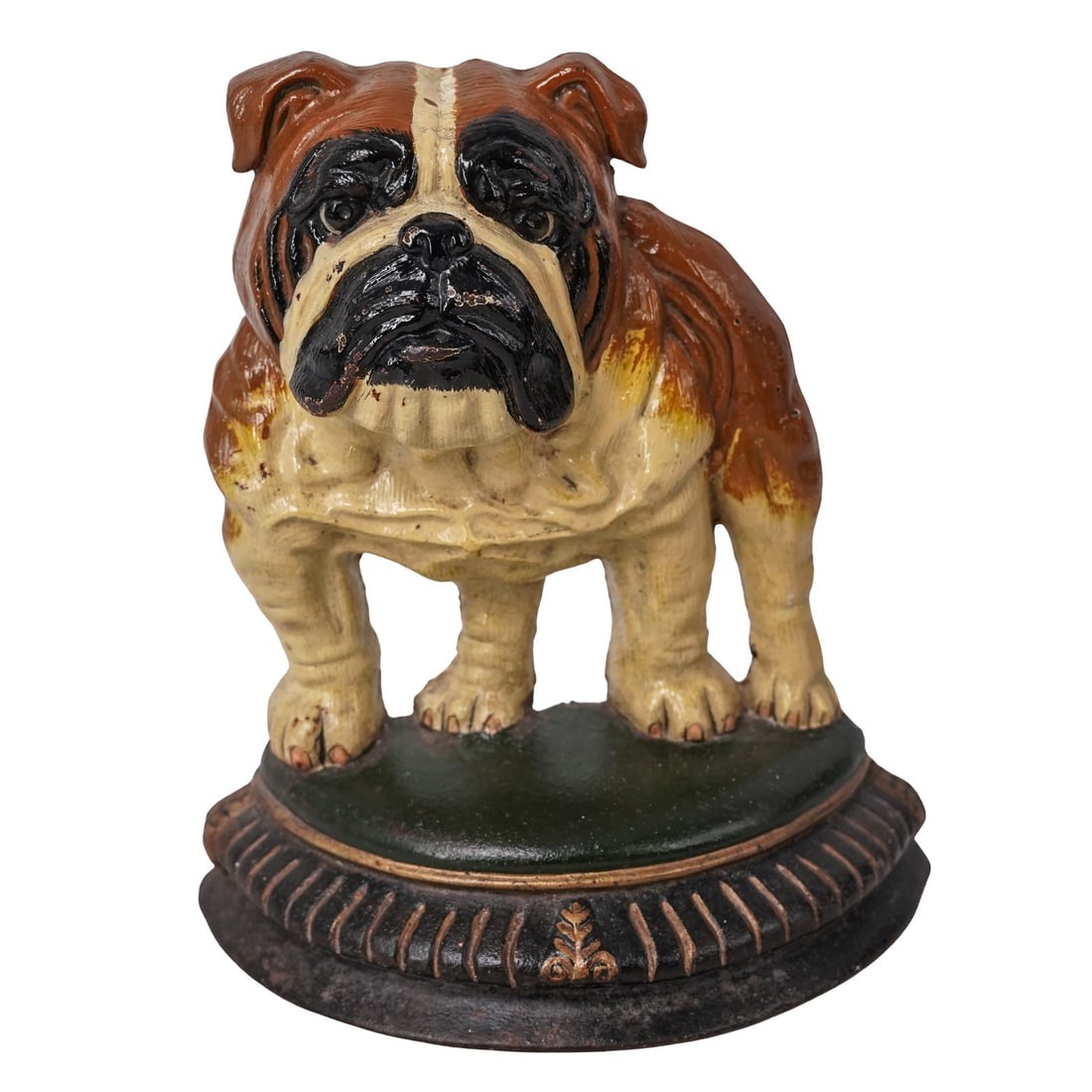 Vintage Large Cast Iron English Bulldog Doorstop: Vintage Large Cast Iron English Bulldog DoorstopMid 20th century, USAVintage Large Cast Iron English Bulldog hand painted Sculpture Doorstop.The item shows some age-appropriate wear and patina . Unsig