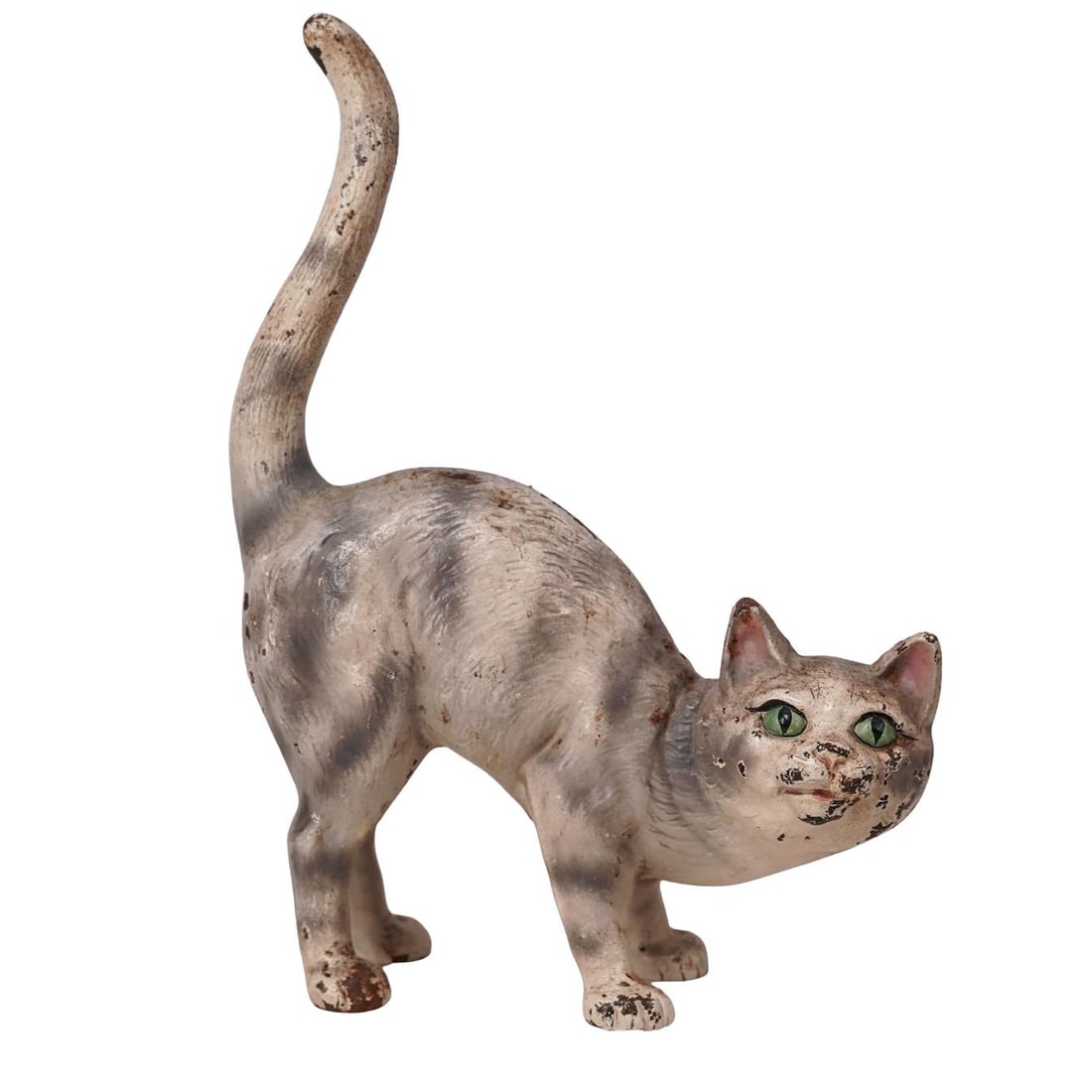 Vintage Cast Iron Cat Door Stopper: Vintage Cast Iron Cat Door Stopper20th c., USAGrey and white painted cast iron cat door stopper with an arched back and raised tail.H: 11" W: 2.5" L: 7.5"