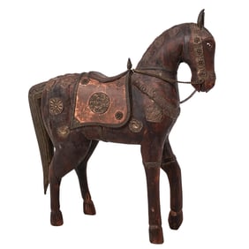 Vintage Indian Brass-Mounted Wood Marwari Horse Sculpture