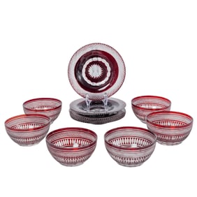 (12 Pc) Bohemian Cranberry Cut Glass Bowls & Plates