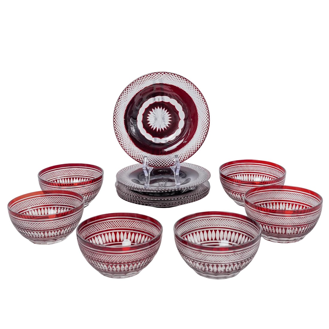 (12 Pc) Bohemian Cranberry Cut Glass Bowls & Plates (1 of 3)