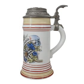 Vintage German Pewter Lidded Porcelain Wedding Beer Stein