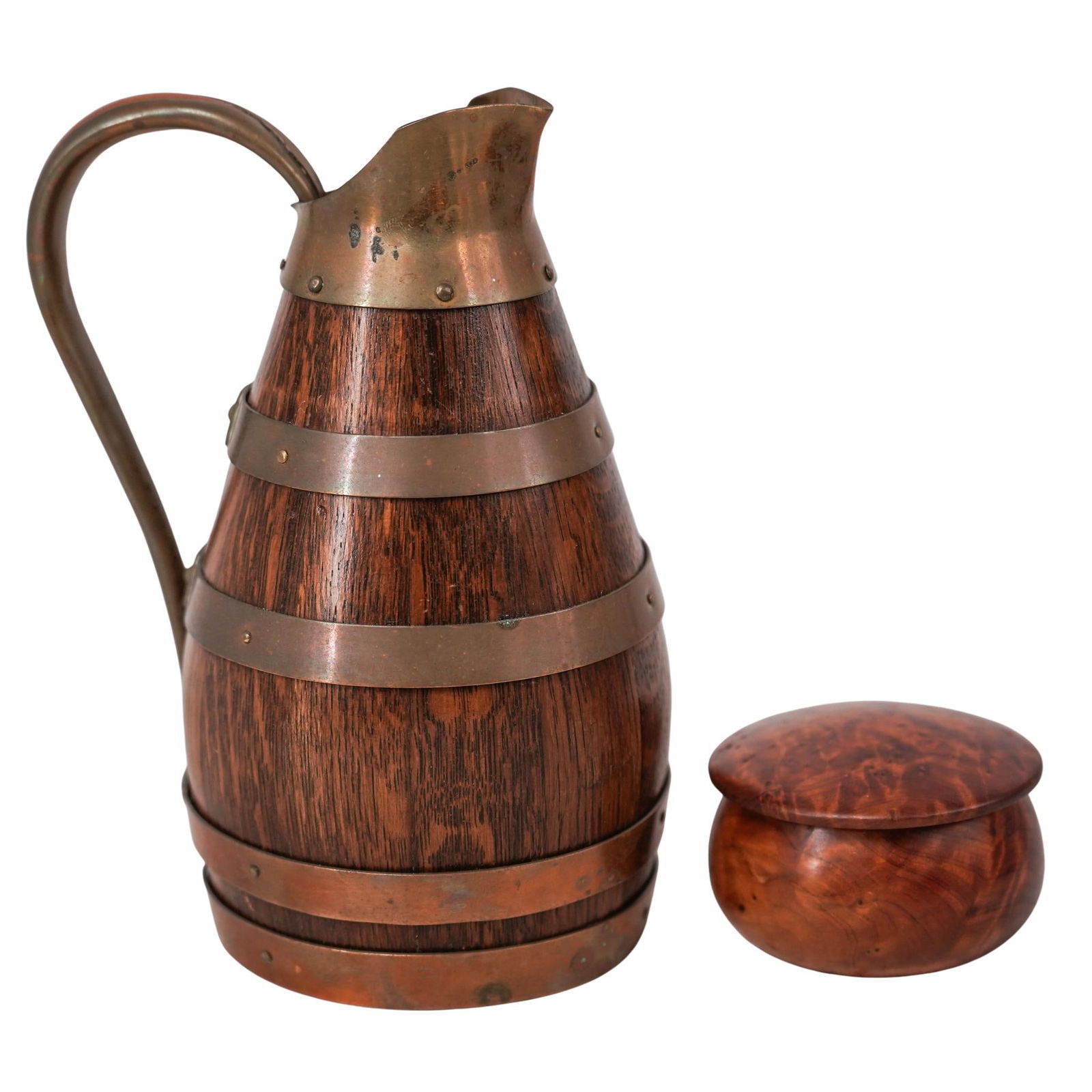 (2 Pc) 1930s Gerard Lafitte Pitcher & Burl Wood Box: (2 Pc) 1930s Gerard Lafitte Pitcher & Burl Wood Box20th c., France/ContinentalThis is a vintage barrel-form pitcher which combines coopered oak wood staves with brass bands and rivets. These jugs were
