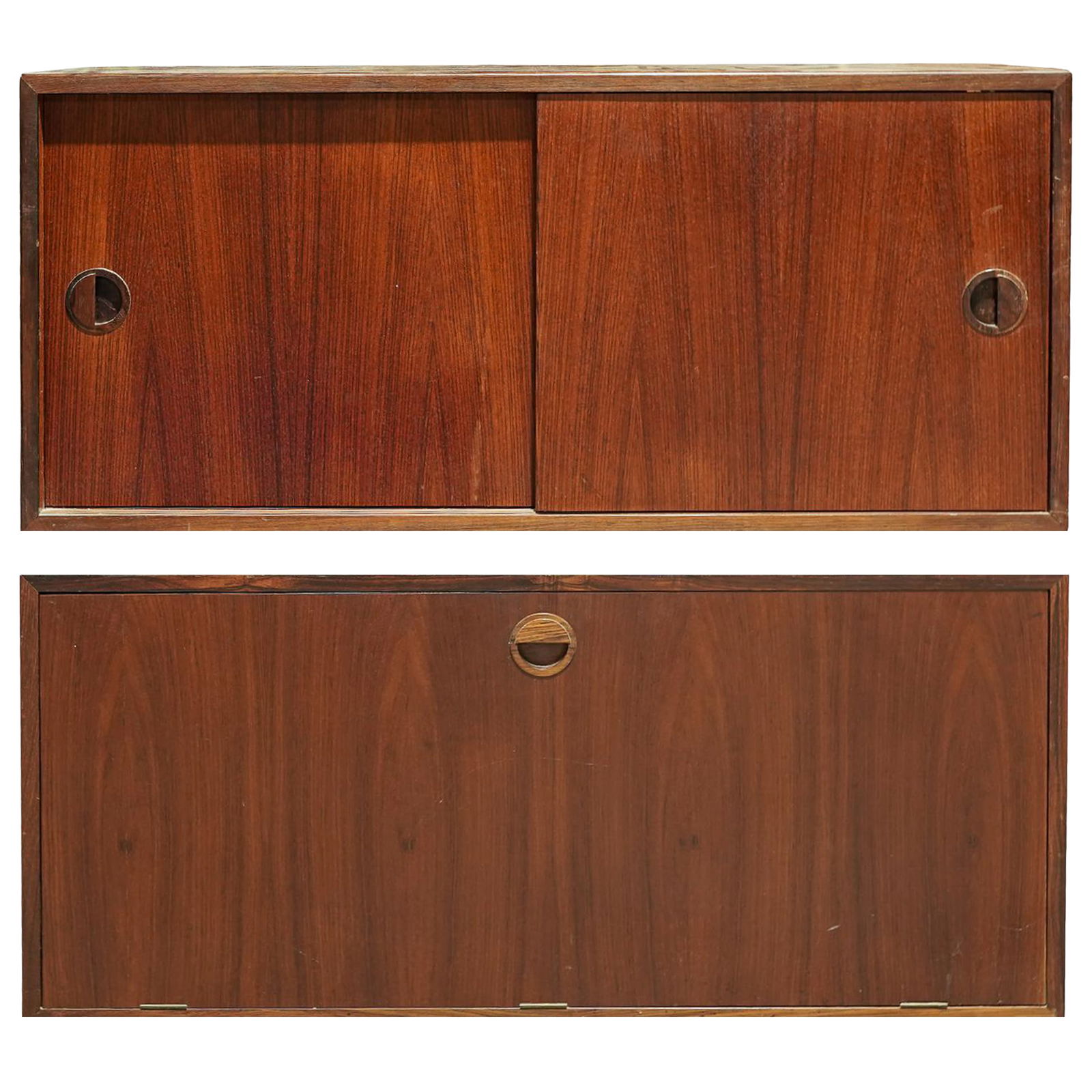 Pair Hansen & Guldberg Danish Rosewood Floating Shelves: Pair Hansen & Guldberg Danish Rosewood Floating Shelves Mid 20th Cent., Danish Pair of Danish floating shelves, crafted from rosewood. One with a pull down door, the other with two sliding