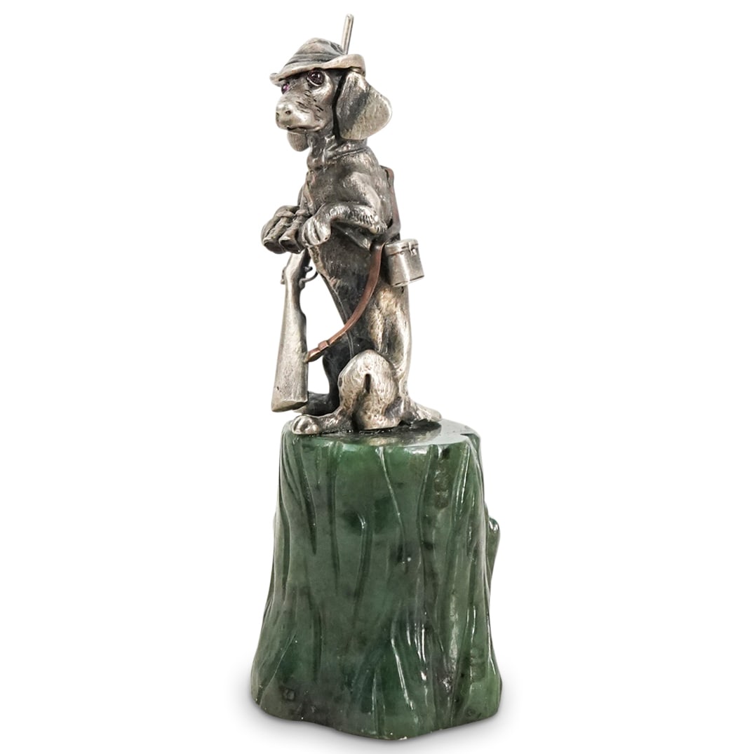 Antique Faberge Vladimir Soloviev 916 Silver & Jade Hunting Dog: Antique Faberge Vladimir Soloviev 916 Silver & Jade Hunting DogLate 19th - early 20th century, RussianAntique Faberge 916 silver figure depicting a dog with garnet eyes wearing a hunter's hat and bear