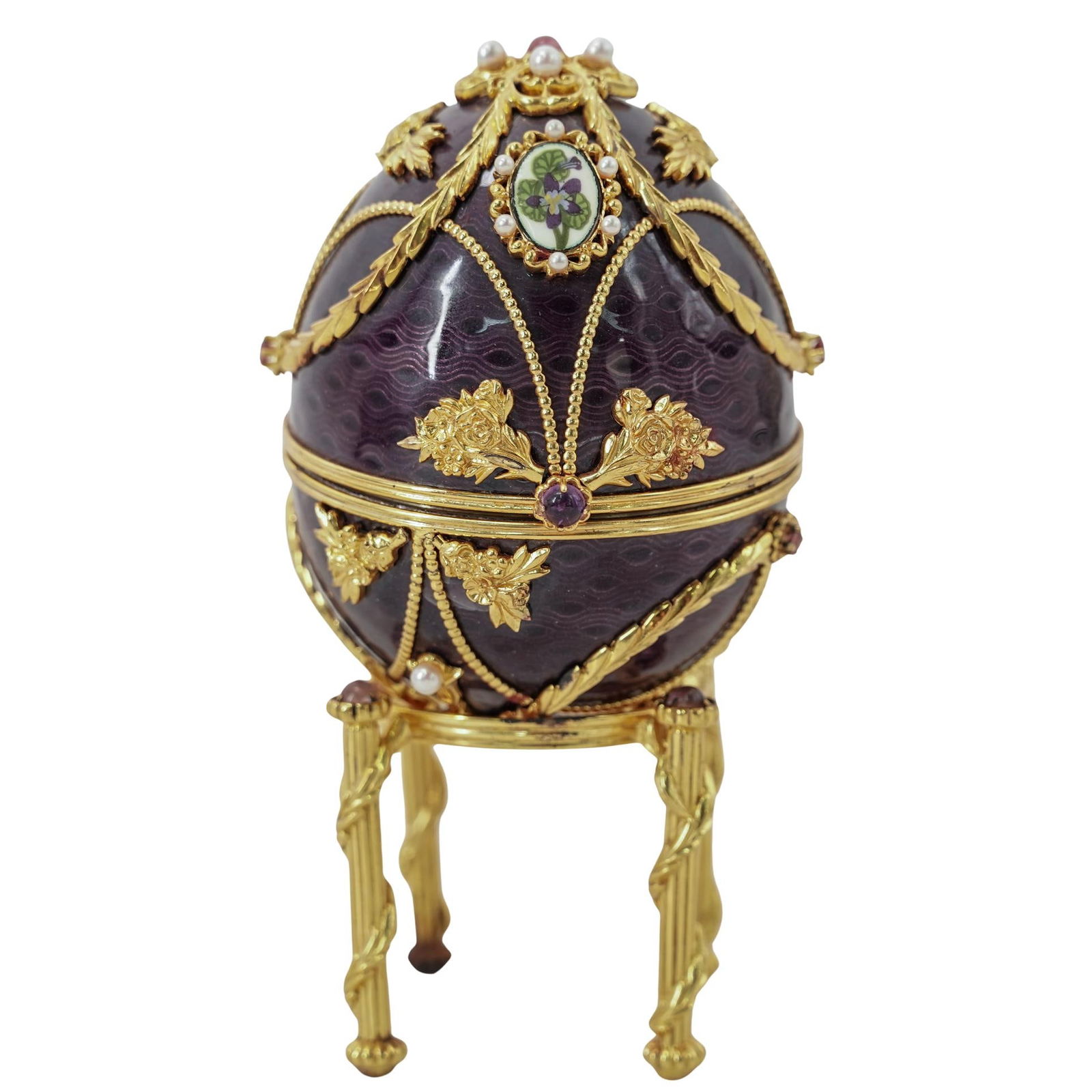 Franklin Mint Faberge Sterling Silver Enamel & Gold Plated Egg: Franklin Mint Faberge Sterling Silver Enamel & Gold Plated Egg1984, RussianFranklin Mint Faberge Imperial Anniversary Egg made from Sterling Silver,18k Gold, Pearls, pink Tourmalines & Amethysts. The