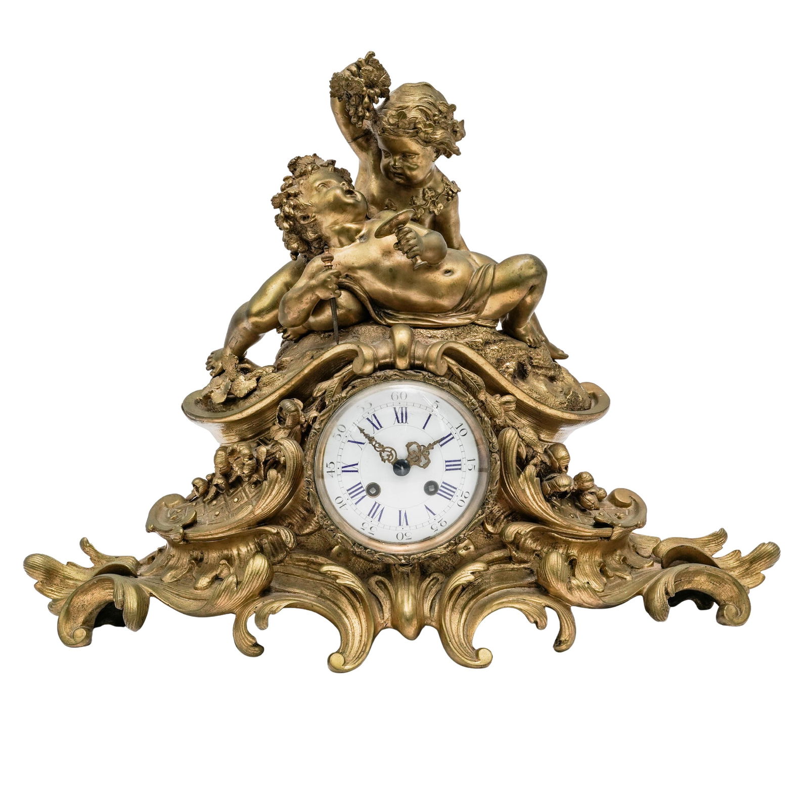 19th Cent. Japy Freres & Cie. Ormolu Bronze Cherub Mantle Clock: 19th Cent. Japy Freres & Cie. Ormolu Bronze Cherub Mantle Clock1850s, FrenchA nineteenth century gilt bronze (ormolu) sculpted cherub mantle clock with filigree tendril decoration. Clock mechanism is