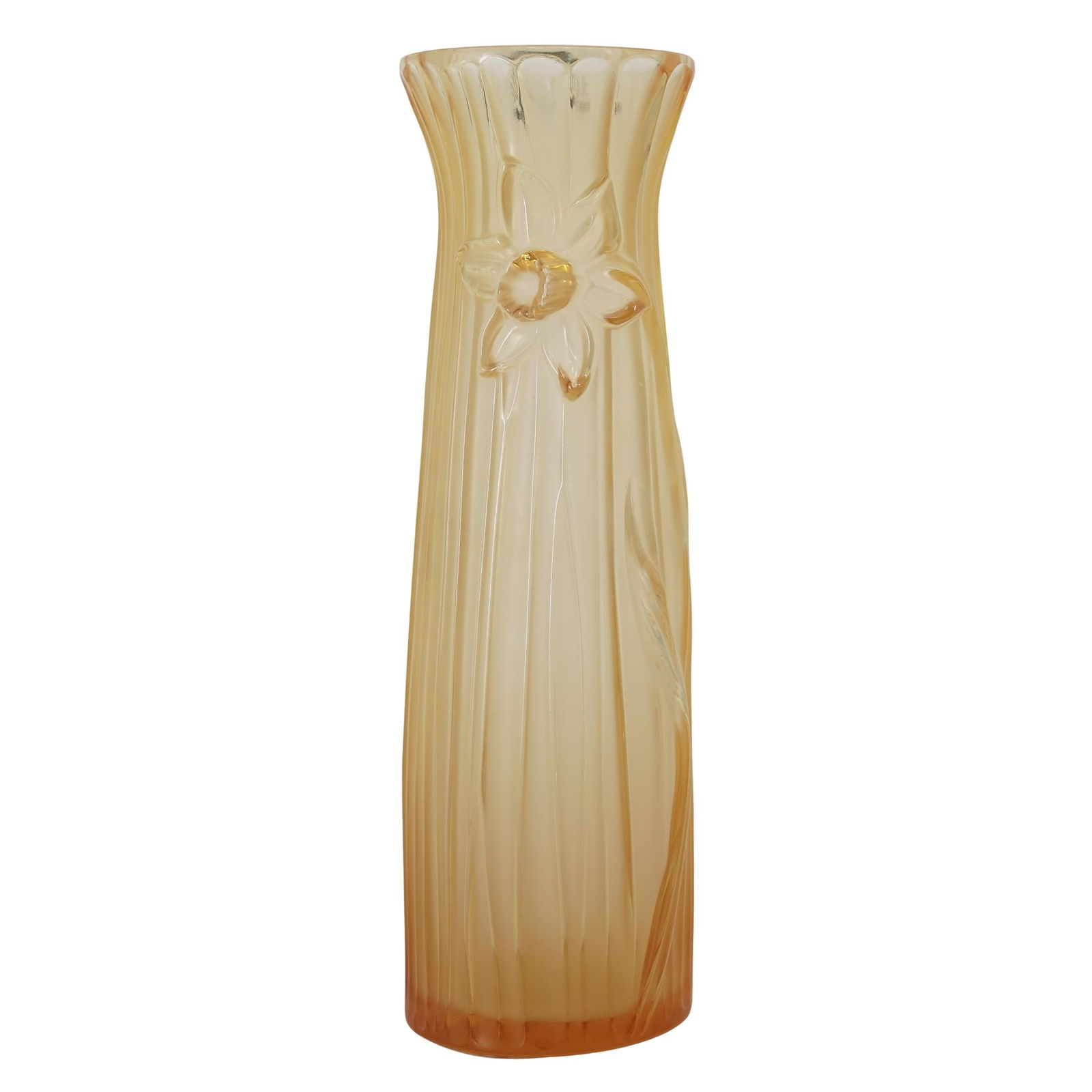 Lalique Amber Crystal "Jonquille Daffodil" Vase: Lalique Amber Crystal "Jonquille Daffodil" Vase20th c., FranceAmber crystal glass vase featuring a tall ribbed body with a fluted rim and a relief decoration of a daffodil flower and stems. Lalique Fr